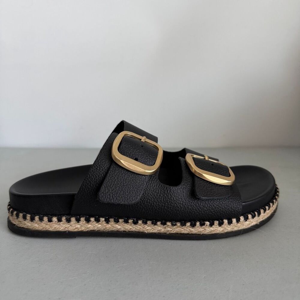 Mila Paoli Sz 7.5 Black Leather Espadrille Slide Sandals Gold Buckle EUC